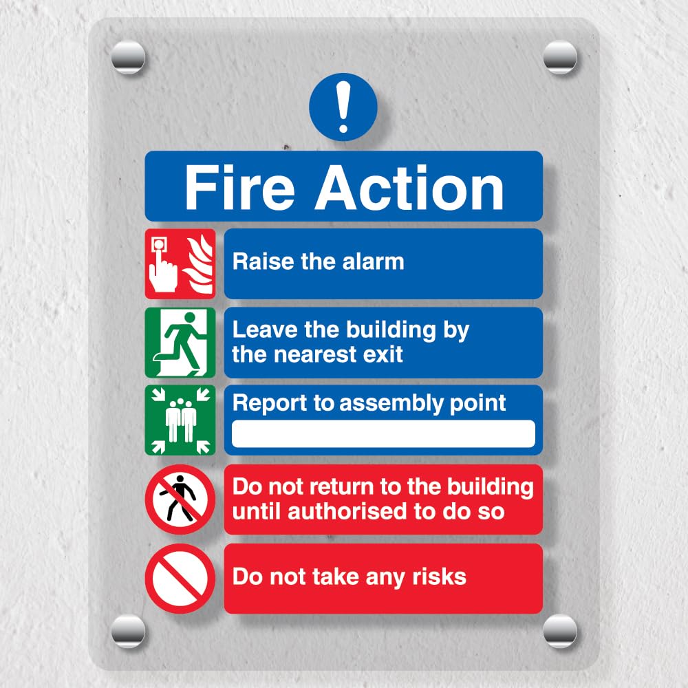 V Safety 5 Point Fire Action Notice/Do Not Take Risks - 200 x 300 mm - Acrylic Perspex Cast Clear Safety Sign