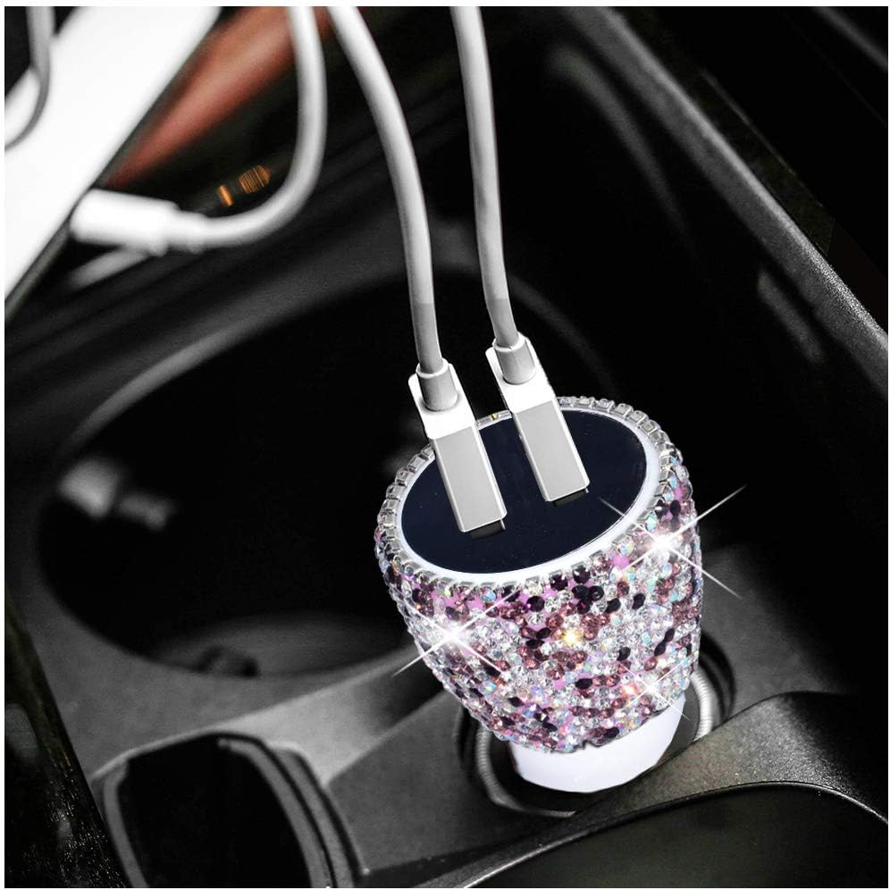 Dual USB Car Charger Bling Bling Handmade Rhinestones Crystal Car Decorations for Fast Charging Car Decors Purple for iPhone, iPad Pro/Air 2/Mini, Samsung Galaxy Note9/8/S9/S9+,LG, Nexus, HTC, etc