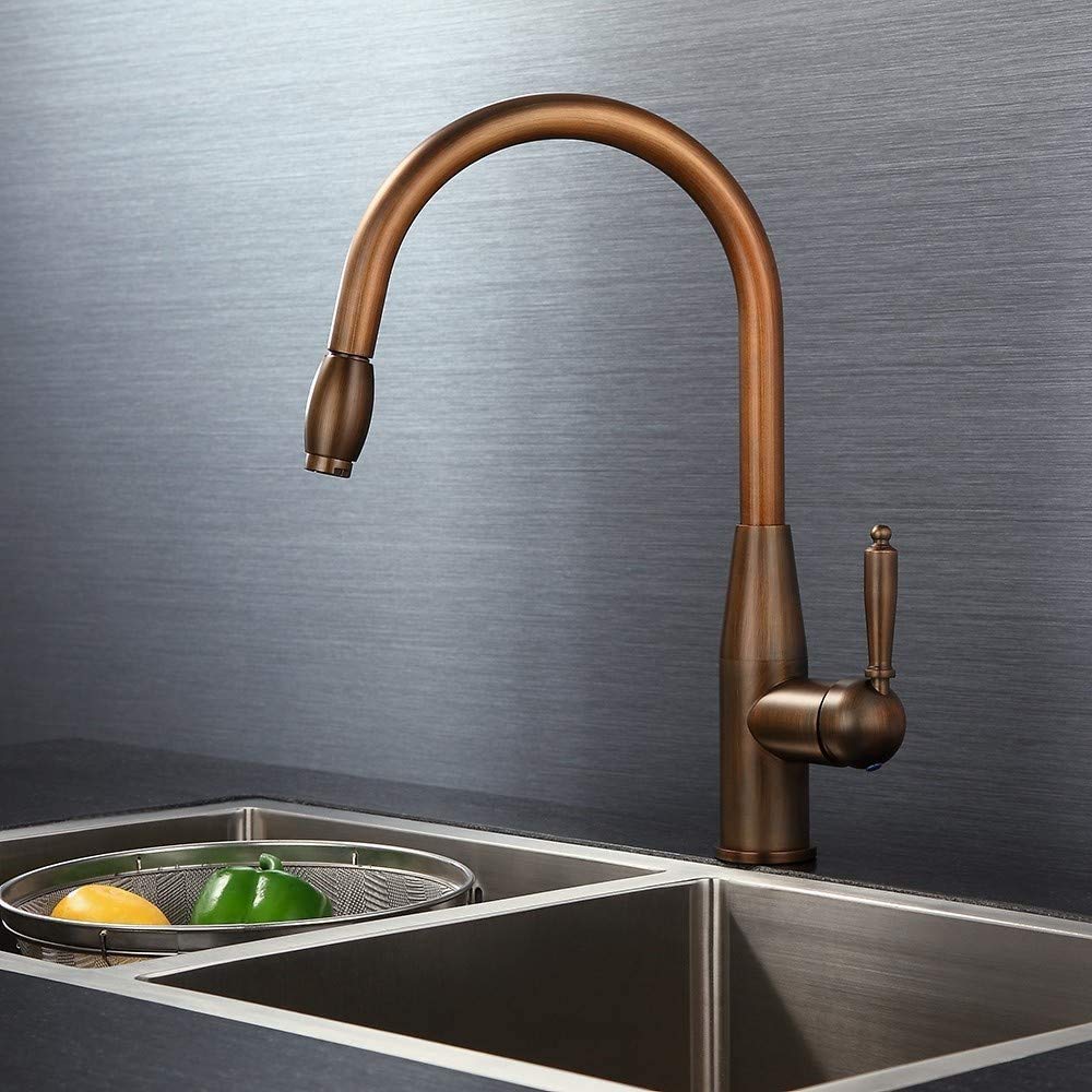 JiuZhuo Traditional Single Handle Pull Out Monobloc Deck Mount High Arc Kitchen Mixer Tap Solid Brass in Antique Brass