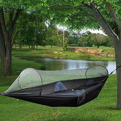 Hammock Travel Bed Portable Folding Parachute Nylon Fabric Double Jungle Hammock with Bug Net &amp; Tree Straps For Sleeping, Camping, Hiking, Backpacking, Beach (Black)