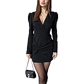 GarRela Women's Bodycon Sexy V Neck Long Sleeve Elegant Faux Wrap Ruched Cocktail Mini Dresses