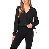 CeCe Womens V-Neck Button Front Long Sleeve Top
