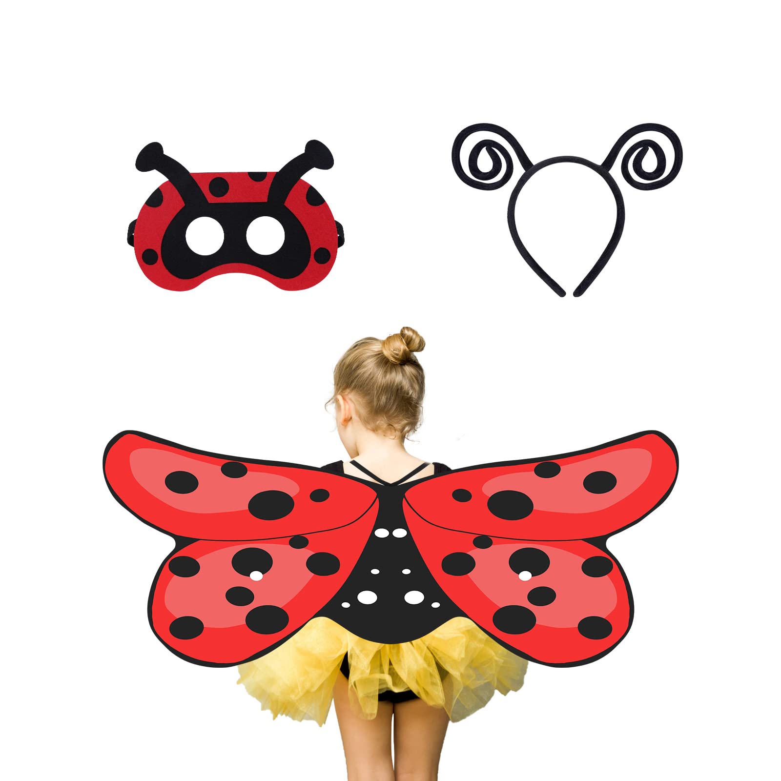 Aomig Ladybird Costume for Kids, 3Pcs Ladybird Fancy Dress Animal Costume with Ladybird Wings, Headband and Eye Mask, Children's Ladybug Fancy Dress Up for Christmas Halloween Party Cosplay