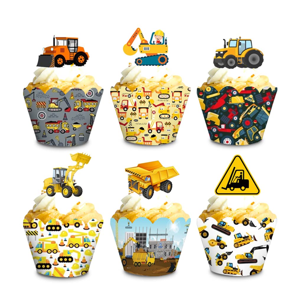 Construction Cupcake Toppers and Wrappers, Set of 24pcs Tractor Digger Truck Forklift Dump Bulldozer Road Roller Engineering Themed for Kids Boys Happy Birthday Baby Shower Party Supplies
