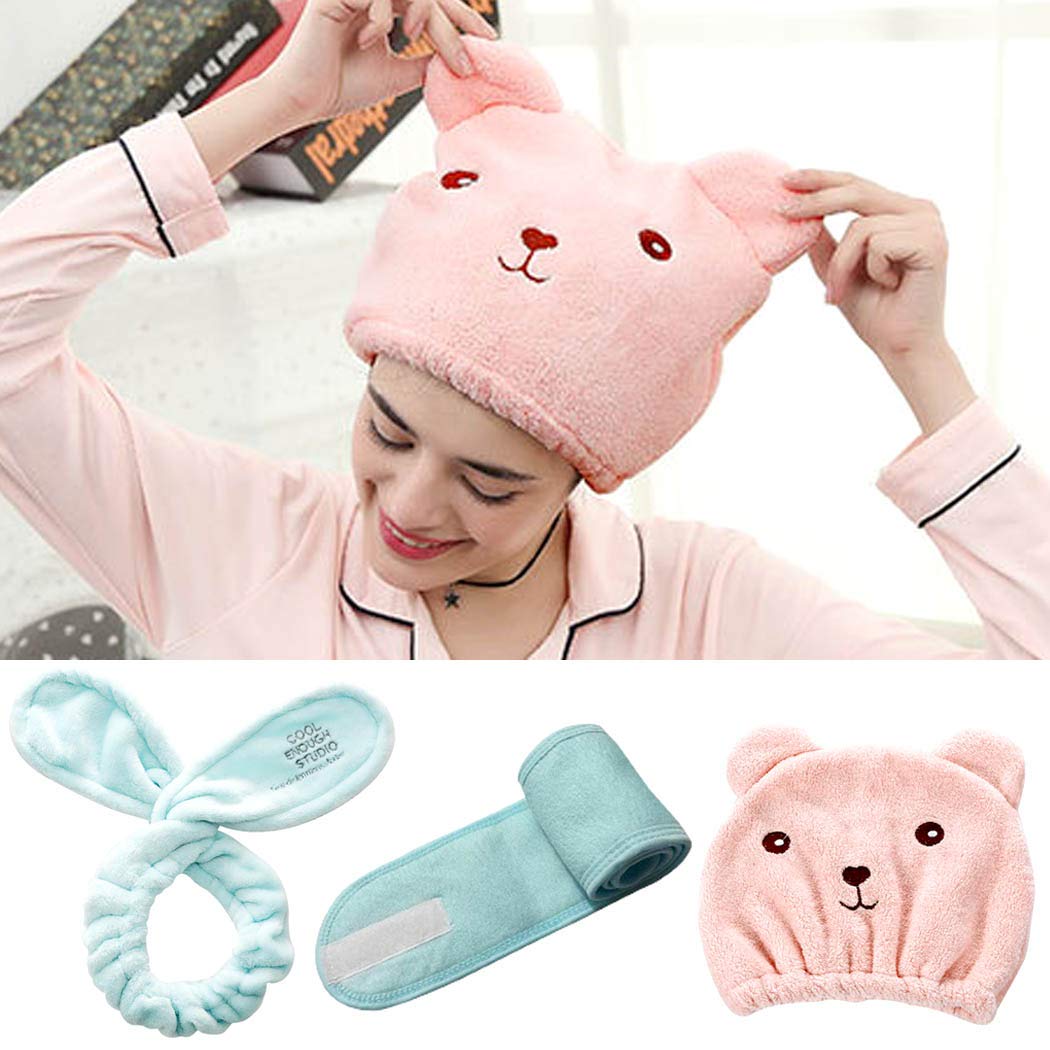 Fashband Coral Fleece Headbands Rabbit Ear Soft Towel Hair Band Spa Facial Headband Cute Animal Hair Drying Hat Makeup Shower Headbands and Cap for Women and Girls (Blue)