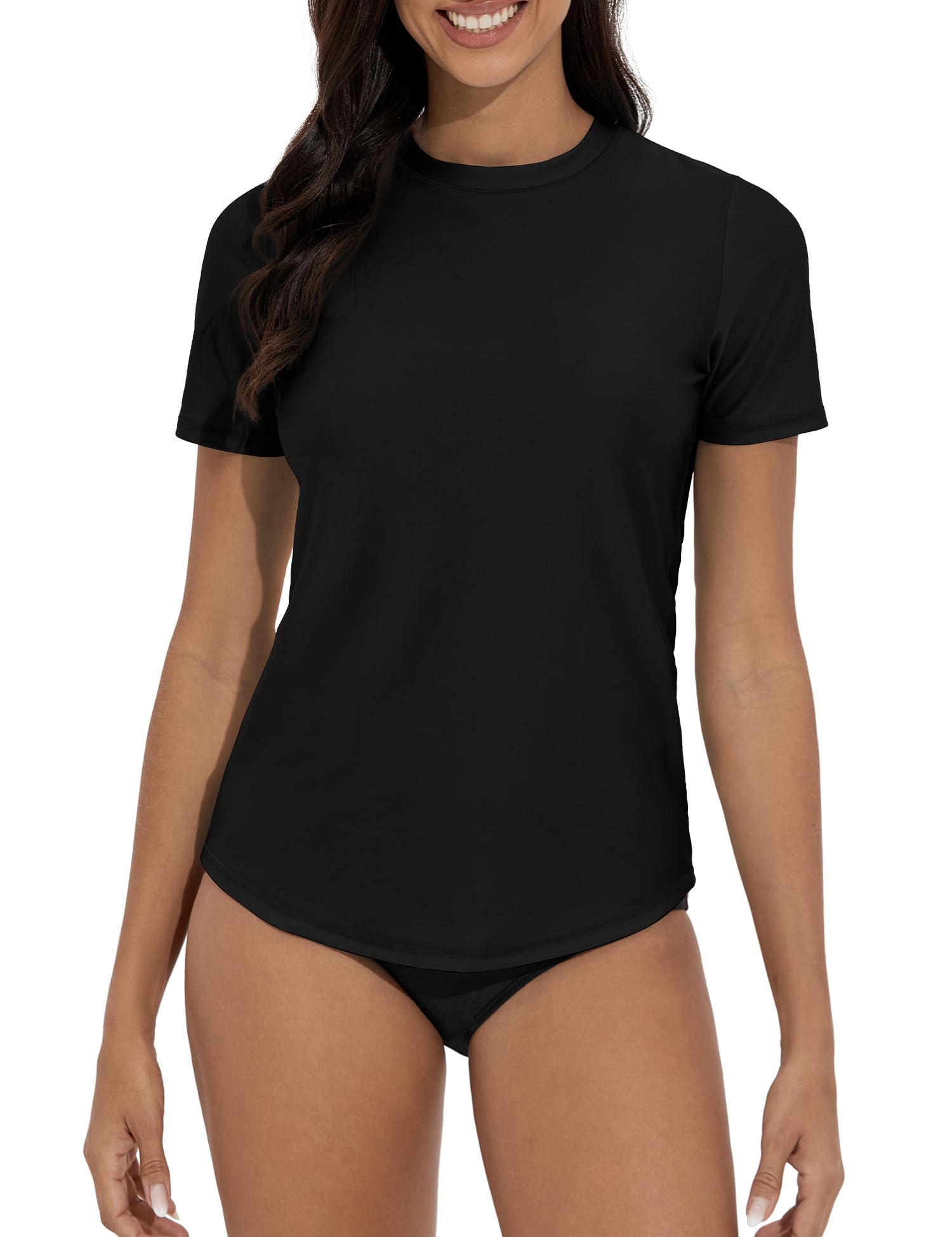 Photo 1 of QOMEWA Rashguard for Women UPF 50+ Black Short Sleeve Swim Shirts Lightweight Swimsuit Top UV Sun Protection Bathing Suit Top