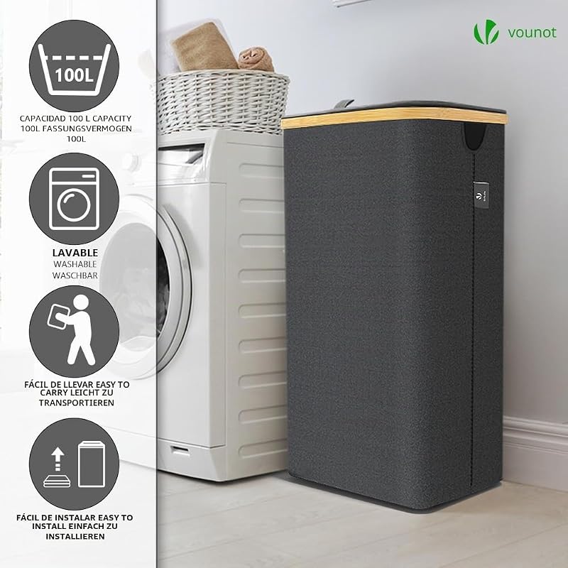 ® Cesto Ropa Sucia 100L con Ruedas Cesta para la Colada, Cubo Ropa Sucia con Tapa y Asas de Bambú para Ropa, Cesta de Ropa Plegable Laundry Basket con Bolsa Interior Extraíble, Gris