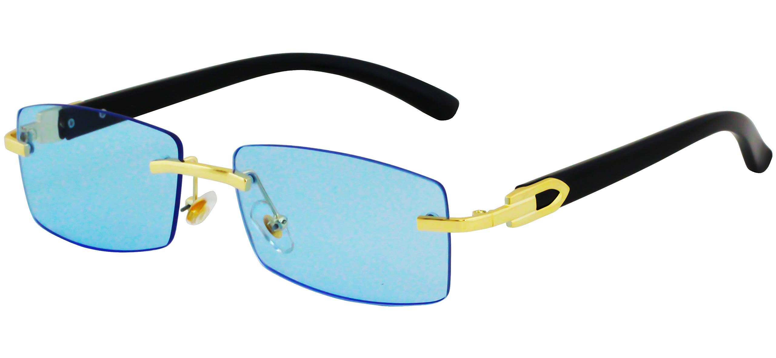 FLAWLESS EYEWEARFlawless Slim Dean Rimless Sunglasses Rectangular Metal & Wood Art Glasses (Blue)