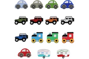 SUNNYCLUE Car Silicone Beads Kit - 15PCS Cute Focal Rubber 3D Cartoon Bus Charms, Large Soft Center Drilled Chunky Loose Spac