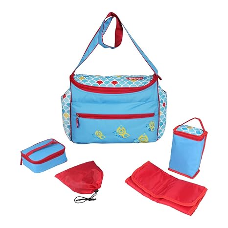 Fisher-Price Logan Mother Bag 5 pcs Set, Baby Diaper Bag with Insulated Twin Bottle Cover, Tiffin Bag, Toy Pouch & Changing Mat_Blue