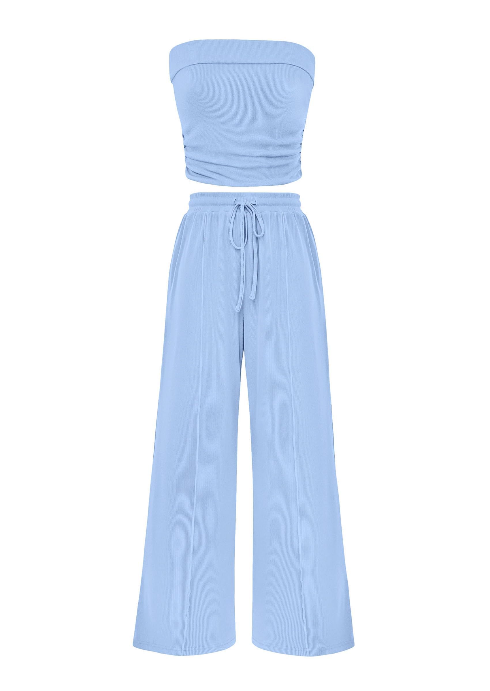 Photo 1 of **** missing bottoms***      PRETTYGARDEN Womens Summer Outfits 2 Piece Sets Casual Ribbed Knit Crop Tube Top Wide Leg Pants Spring Matching Lounge Set(Light Blue,Medium)