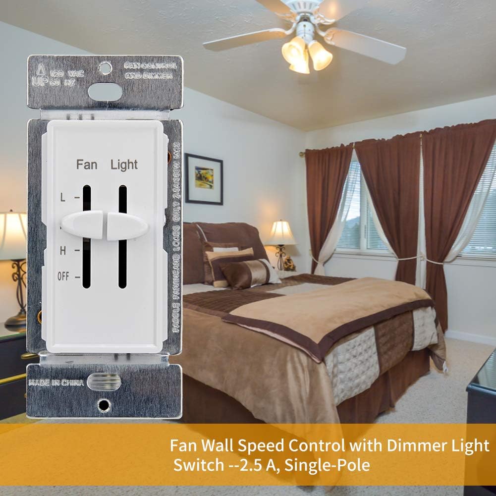 DELIXI White 3 Speed Ceiling Fan Wall Speed Control with LED Dimmer Light Switch, 360W Incandescent Load, Single-Pole, 120 Vac, 60 Hz, 2.5 A, White (1 Pack) - - 