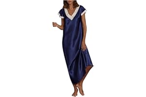 TUOBARR Women's Short Sleeve Nightgown Women Lace Trim V Neck Homewear Long Dresses Casual Solid Ladies Sleepwear Silk Pjs