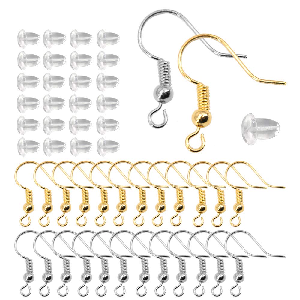 Homo Trends 200PCS Earring Hooks Earring Making Supplies Ear Wire Hooks Earrings Hoops (Silver Plated/Golden) and 500PCS 5mm Clear Earring Backs for DIY Earring Making Kits, Jewellery Making