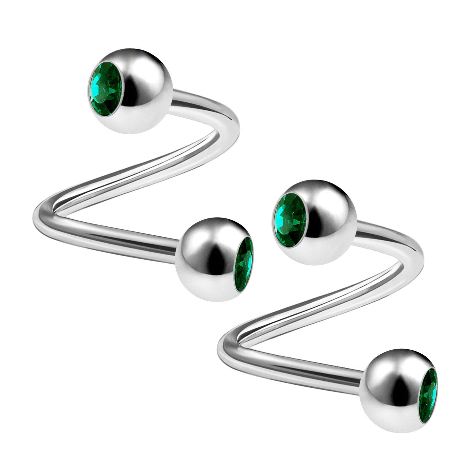 KJM FASHION 2PCS Surgical Steel Spiral Barbell 16 gauge 5/16 8mm 4mm Emerald Crystal Ball Helix EarringsCartilage Piercing Jewellery 1479