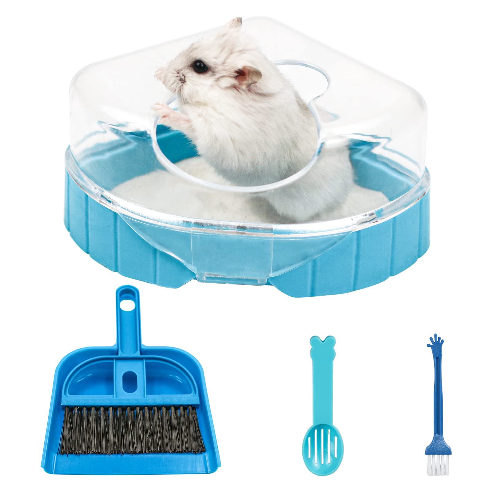Episkey Hamster Sand Bathroom Set, Gerbil Sand Bath Syrian Hamster Toilet Small Animal Bathtub with Sand Shovel and Mini Broom Set for Gerbil Dwarf Hamster and Small Rodent (Blue)