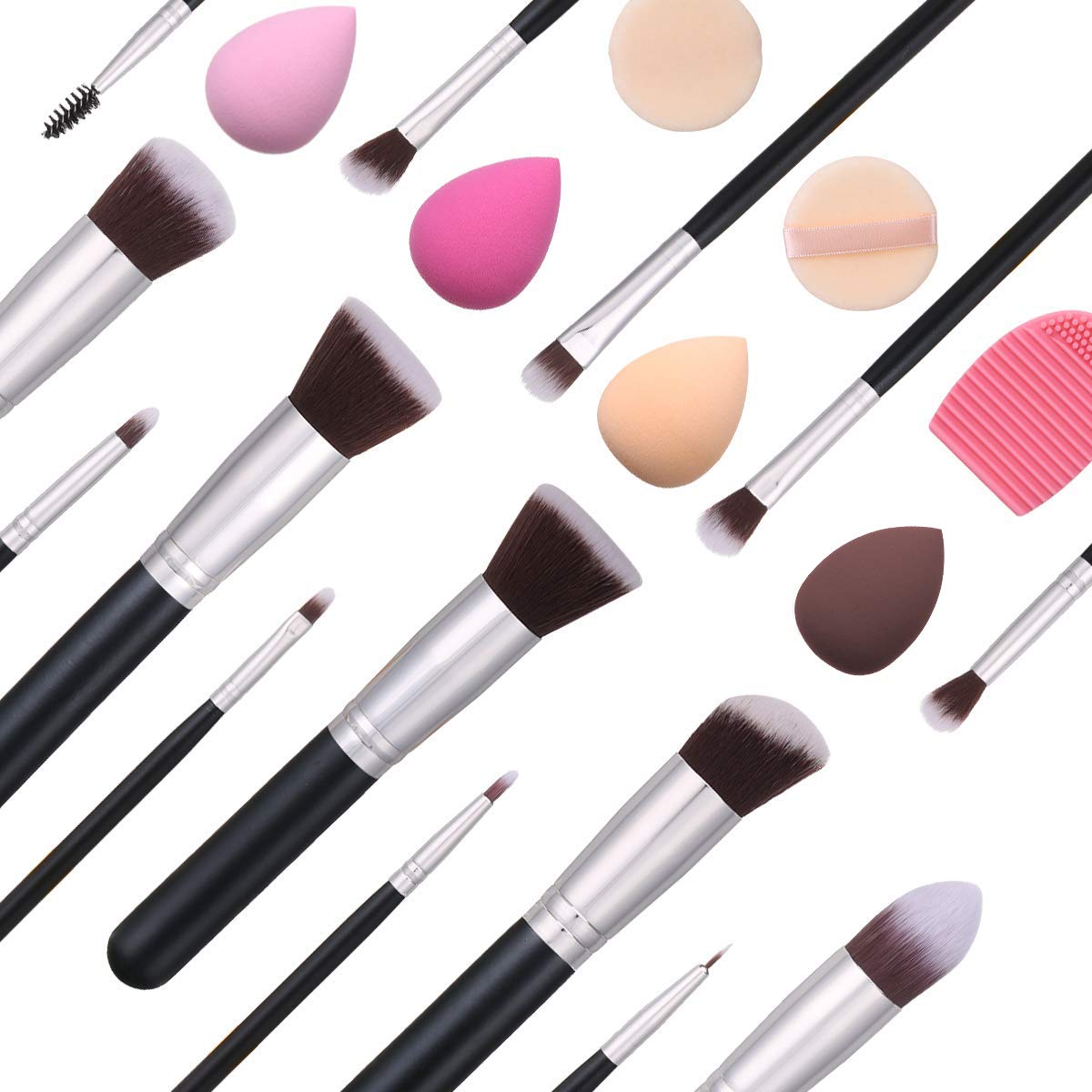 Akstore Makeup Brushes 14 Pcs Makeup Brush Set Travel makeup brush set with 4 Makeup Sponge Blender 2 Makeup Foundation Sponge Air Cushion Powder Puff 1 silicone brush cleaner (Silver): Beauty