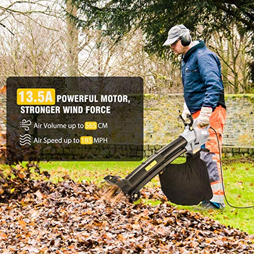 TOPELEK Leaf Blower/Vacuum/Mulsher, Variable 7-Speeds Blower Vacuum (up to 565CMF), 13.5A Power Leaf Mulsher, Adjustable Height Electric Leaf Blower with Wheels, Large Capacity Leaf Vacuum, 15.9 Gal