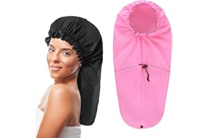 ABEILLO 2 Pcs Large Shower Cap for Braids, Extra Long Shower Cap for Women Long Hair & Locs, Waterproof Hair Bonnets for Dreadlocks Drawstring Bath Caps for Women & Men (Black, Pink)