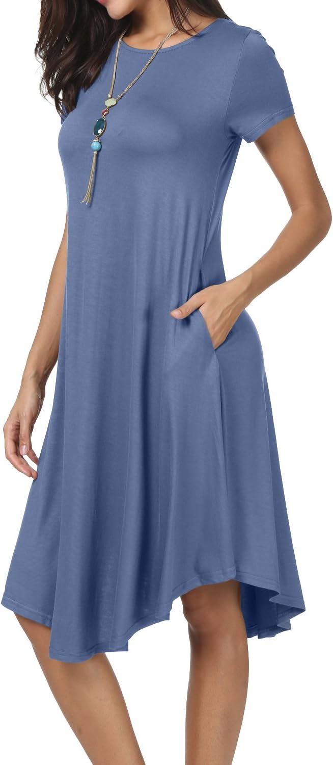 levaca Women's Plain Short Sleeve Loose Swing Casual Midi Dress with Pockects