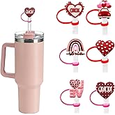 Valentines Silicone Straw Covers Toppers for Stanley Cups 30&40 Oz Tumbler Accessories Heart Caps Pink Heart Dust-Proof Reusable Straw Tips Protectors for Stanley Cup 10mm 0.4in Straws 6PCS
