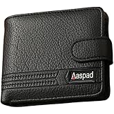 Aaspad Leather Wallet for Men's Gift Bifold Style Fasten with Belt Buckle Button Closure Bank Credit Card Slots Coin/Airtag pockets and 2 transparent Photos and ID Windows(Black)