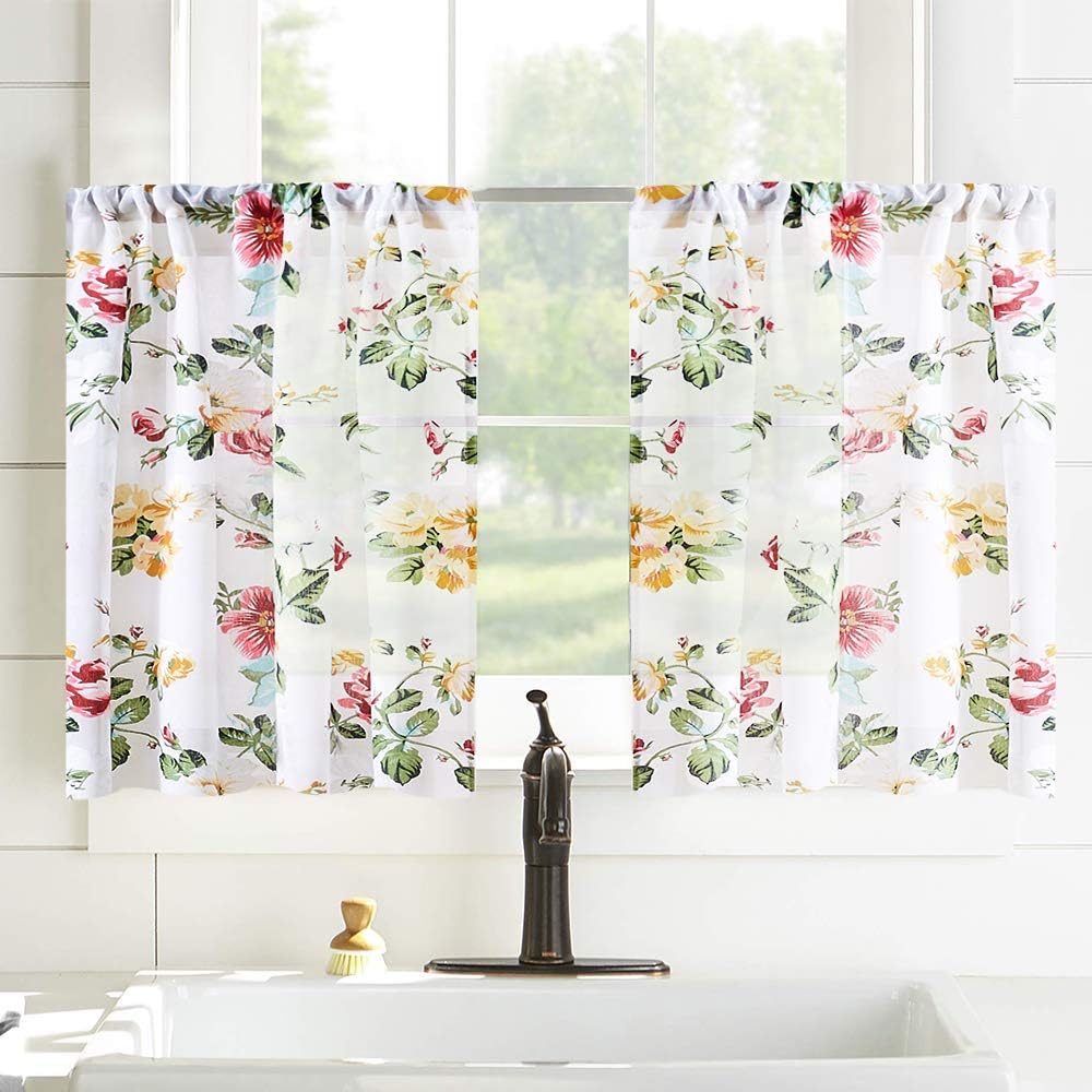 Sheer Tier Curtains Kitchen Tiers Flower Leaf Printed Cotton Blend