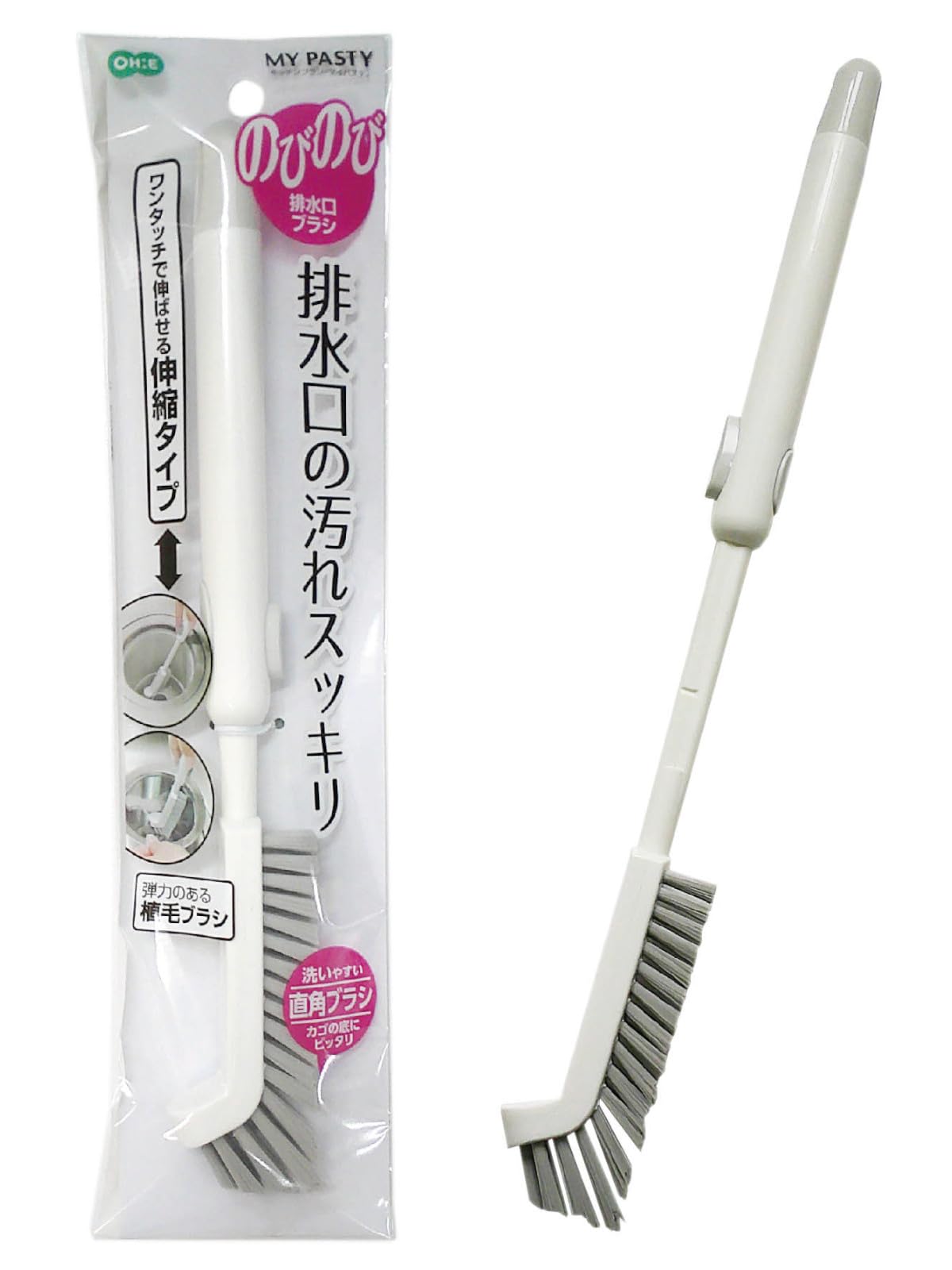 オーエ キッチンブラシ 約縦28.5cm~35.5cm×幅4cm×奥行2cm ホワイト マイパスティ のびのび排水口ブラシ 伸縮タイプ 排水口 ストレーナー ゴミ受け 洗いやすい 直角ブラシ 排水口クリーナー商品画像