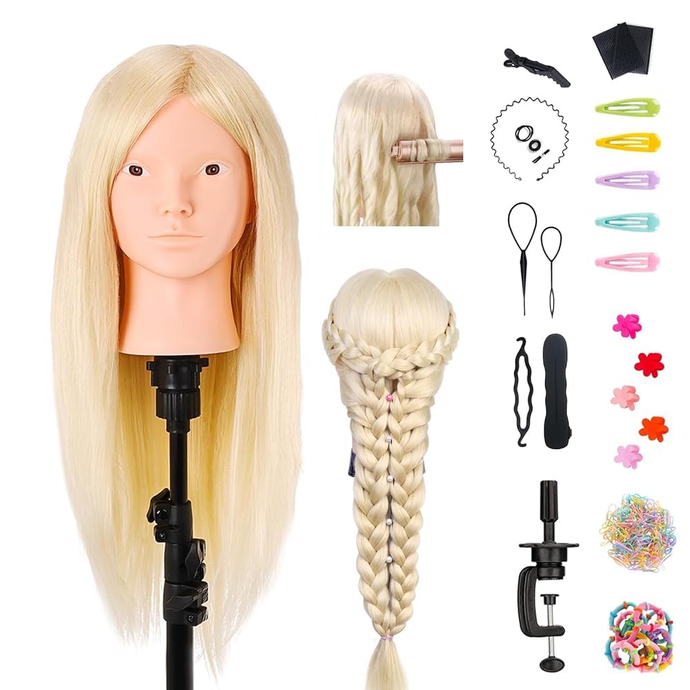 TopDirect Training Head 66cm/26 inch 70% Real Hair Cosmetology Hairdressing Mannequin Manikin Dummy Head Doll with Table Clamp Holder + Braid Set + 8 PCS Rainbow Colored Hair Extensions Wig Pieces