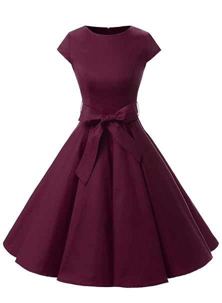 Dressystar Damen Vintage 50er Cap Sleeves Dot Einfarbig Rockabilly Swing Kleider
