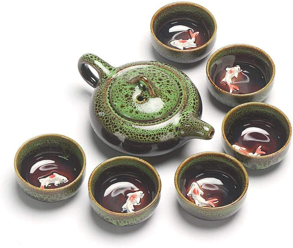 Kung Fu Teapot and Cup Set, Kung Fu Tea Set, Chinese and Japanese Retro Handmade, Porcelain Teapot, 6 Tea Cups, Gift Box (Green)