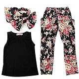 Leiwo Girls Sets 3PCS Sleeveless Shirt Tops + Floral Pants + Headband Clothes