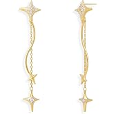 Sonateomber Gold Silver Star Dangle Drop Earrings for Women, Sparkly CZ Rhinestone Celestial Starburst Long Tassel Chain Earings Prom Wedding Fashion Jewelry Gift
