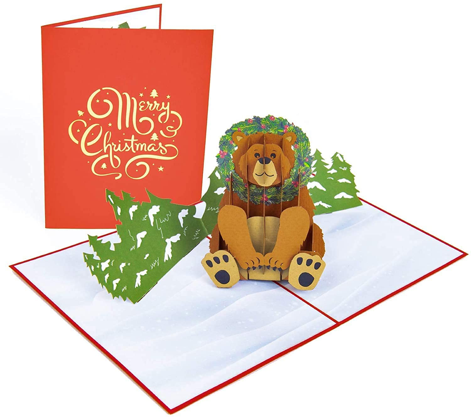 PopLife® Holiday Bear Pop Up Christmas Card, Blank Merry Christmas Greeting, Grizzly Bear Card, Xmas GIft, New Years - Fold Flat for Mailing - For Grandkids, For Dad, For Grandpa, For Animal Lovers