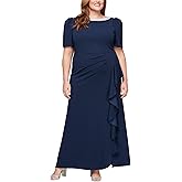 Alex Evenings Womens Long Embellished Neck Dress with Elbow Puff Sleeve, Mother of The Bride, Formal Dress (Plus Size),