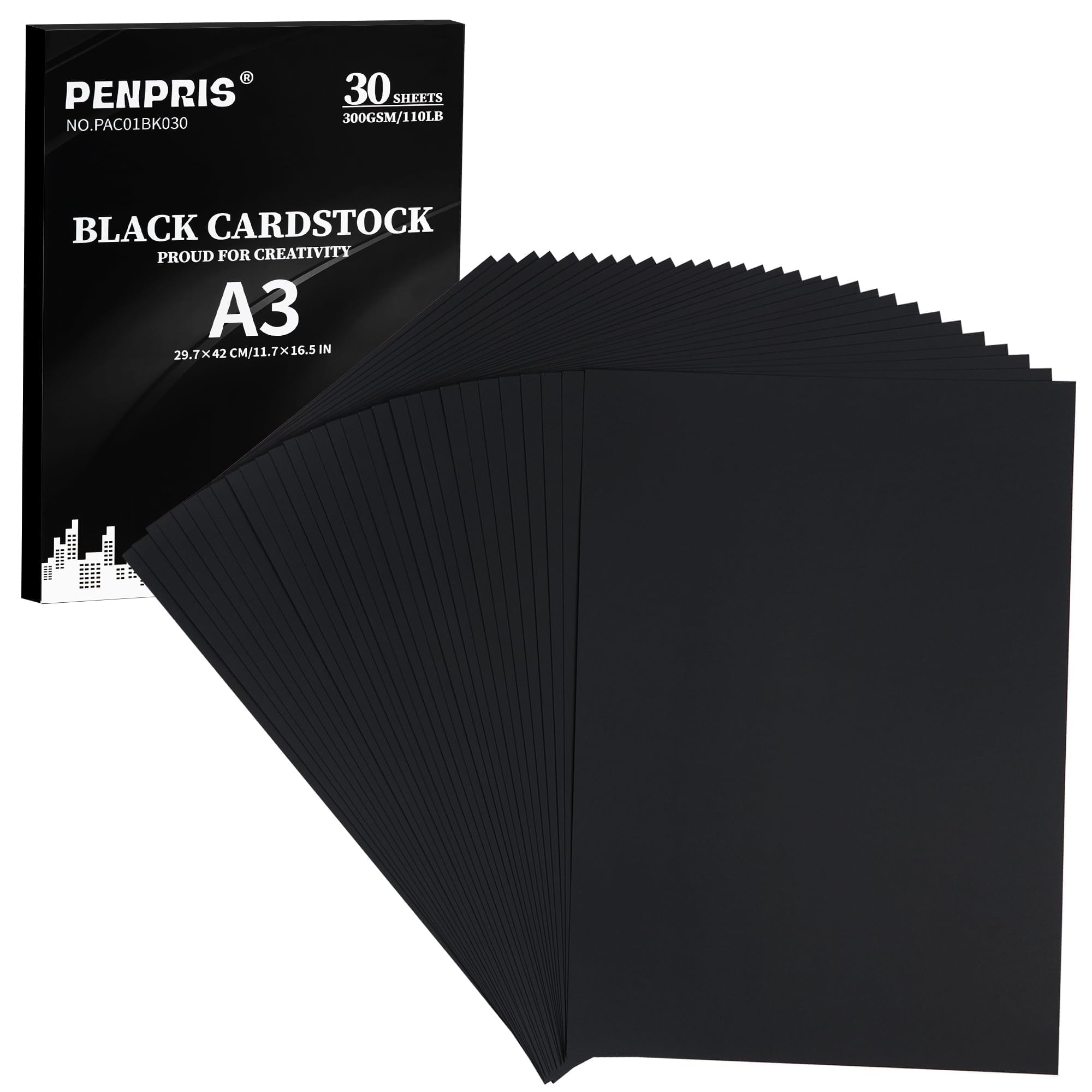 PENPRIS 300gsm Black Cardstock - 30 Sheets A3 Size, 110lb Heavyweight Paper, Thick Paper for DIY Card Making, Invitations, Business Cards