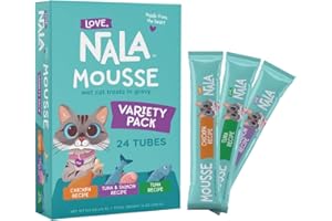 LOVE, NALA - Natural Lickable Cat Squeeze Up Treat,Topper - Variety Pack Mousse - Wet Food Cat Puree - Grain Free, Non-GMO, Minerals, Vitamins - 24 Pack 12 oz.
