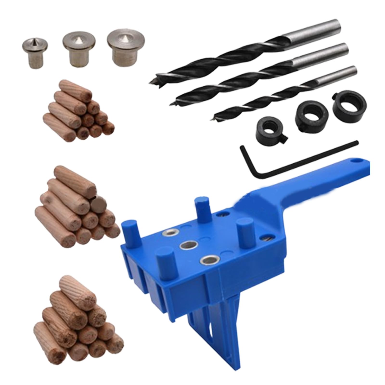 Buaak 41 Pcs Dowel Jig, 6/8/10mm Wood Dowel Jig Kit, Pocket Hole Jig, Metal Sleeve Handheld Drill Guide Bit Tools, Drill Guide Kit, Doweling Hole Saw Tools, for Exact Joinery (Blue)