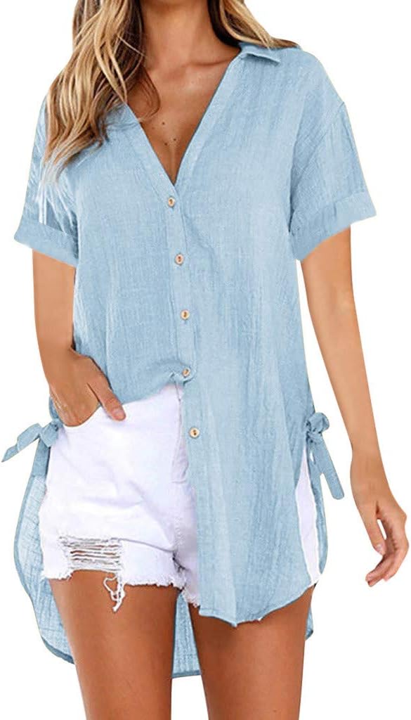 VJGOAL Womens Summer Loose Button Long Shirt Dress Cotton Ladies Casual Tops T-Shirt Blouse
