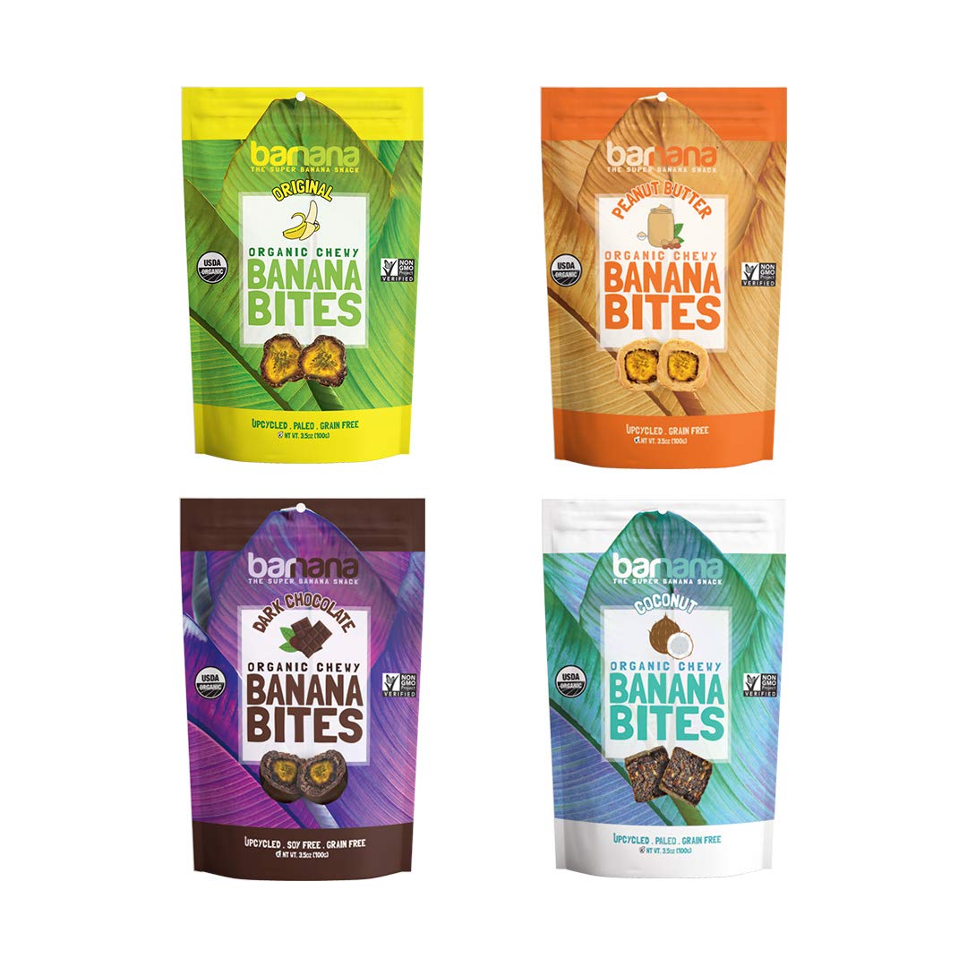 Barnana Organic Chewy Banana Bites - Variety Pack - 3.5 Ounce, 4 Pack Bites - Healthy Vegetarian Banana Fruit Snacks - Made with Sustainable, Eco Friendly Upcycled Bananas