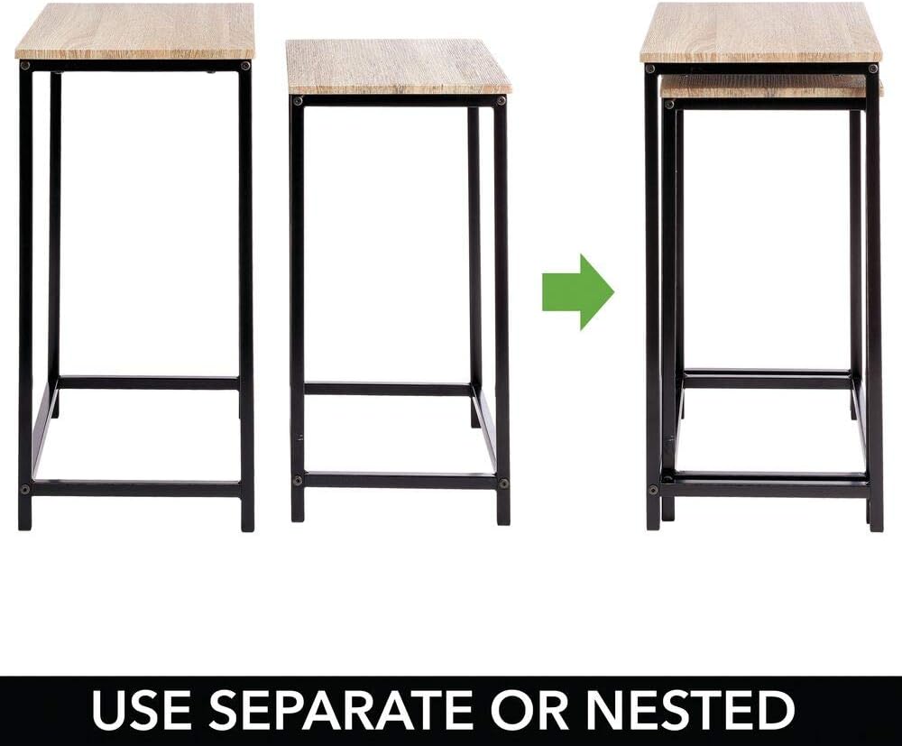 mDesign Modern Nesting Side/End Table - Metal Wood Design - Sturdy Vintage, Rustic, Industrial Home Decor Accent Furniture for Living Room, Bedroom - Set of 2 - Natural/Black: Home & Kitchen
