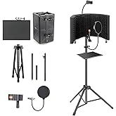 ASDJAKZP Microphone Isolation Shield, Recording Microphone Stand Isolation Shield with Pop Filter & Tripod Stand, Professiona