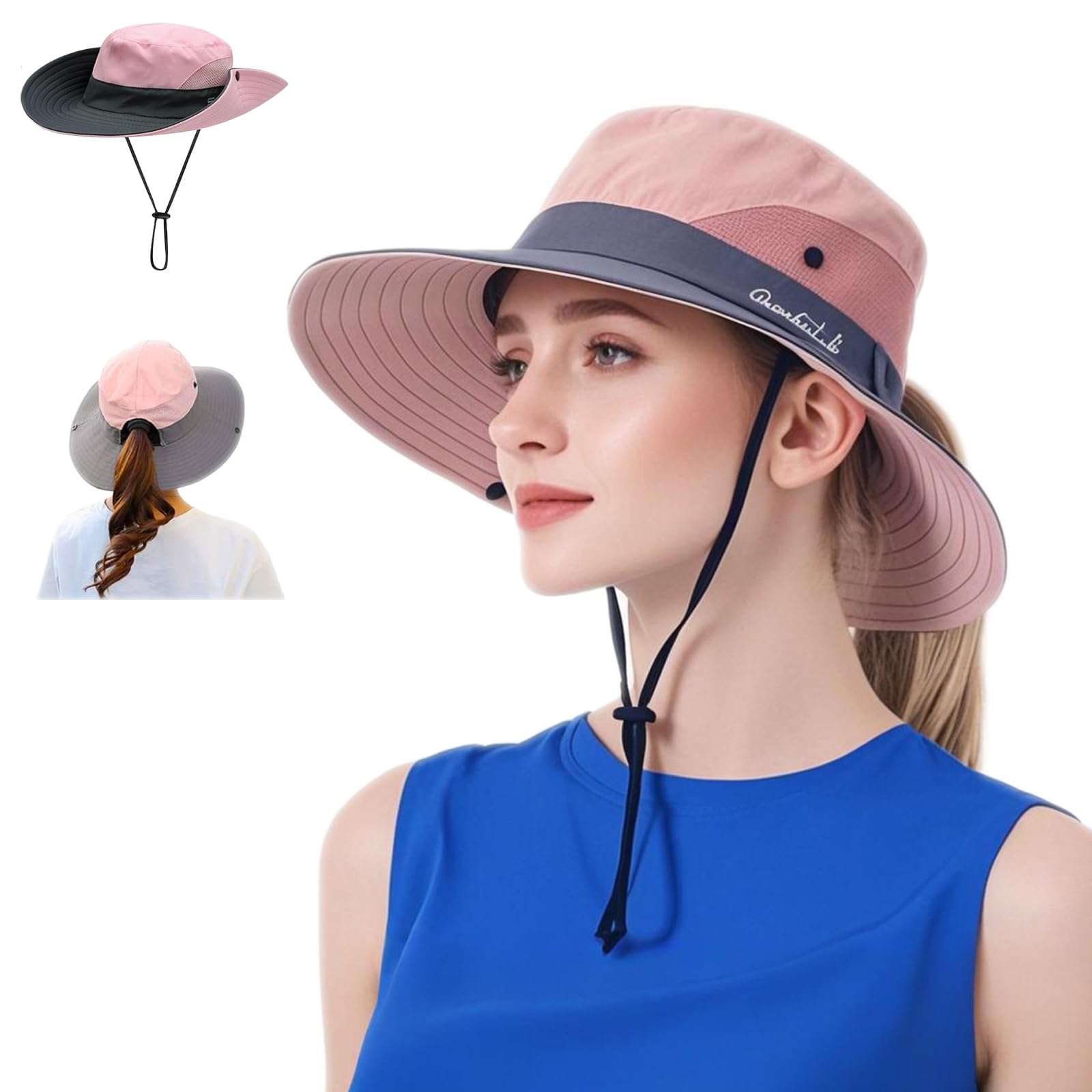 WITERY Women's Sun Hats UPF 50+ Ladies Wide Brim Sun Hat with Back Hole for Pony Tail Adjustable for Big Heads UV Protection Hats Breathable Packable Bucket Hat with Chin String(Pink)