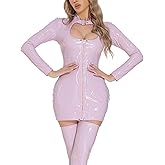 Ausing Women's Leather Wet Look Latex Dress Long Sleeve U Neck Shiny Clubwear with Zipper
