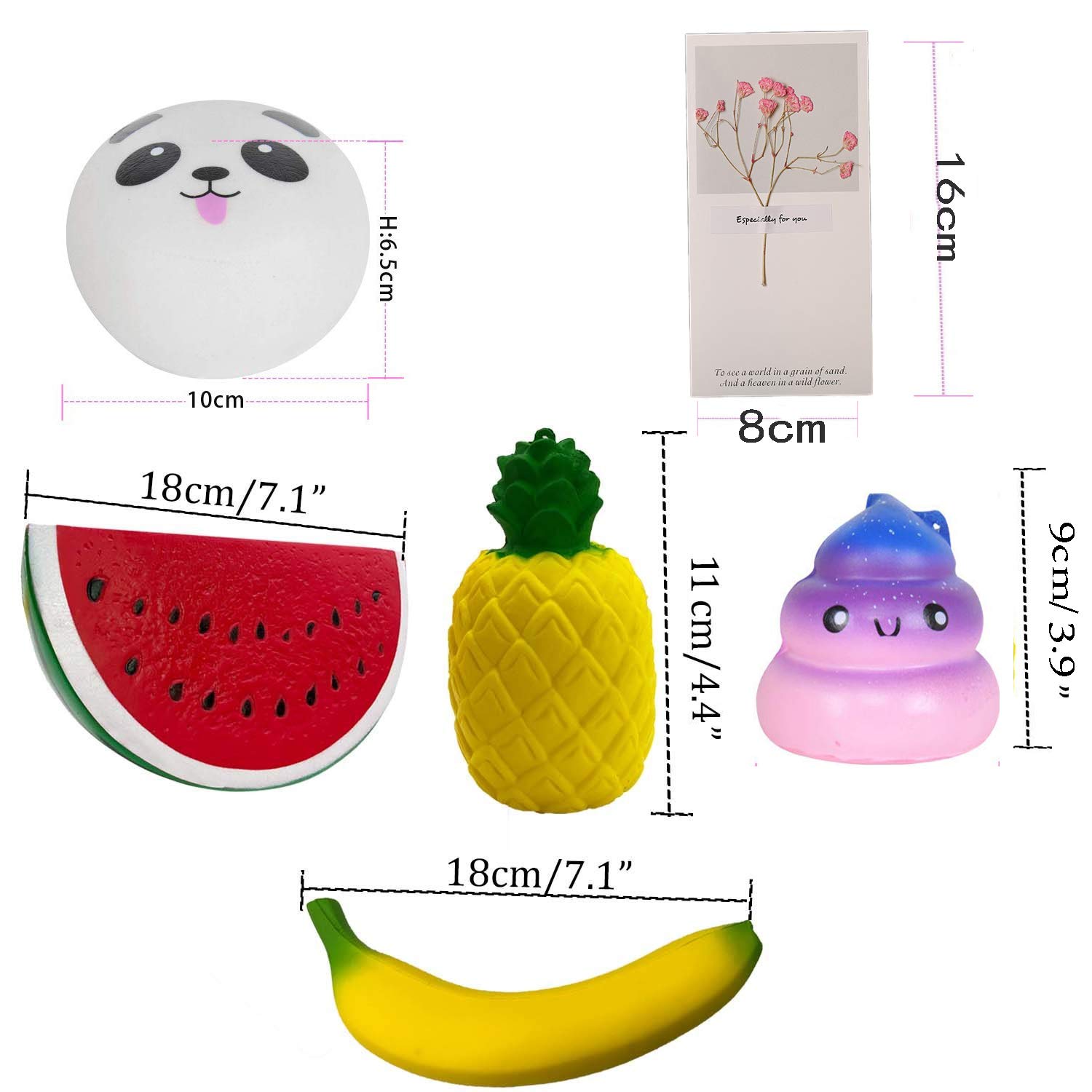 Squishies - Slow Rising Jumbo Squishies Pack，Squishies Toys for Boys/Girls/ and Scented Fruit Squishy Stress Relief Squeeze Soft Toys for Adults 5pcs.（Give Away 3 Small SQUISHIES，a Nice Greeting Card）