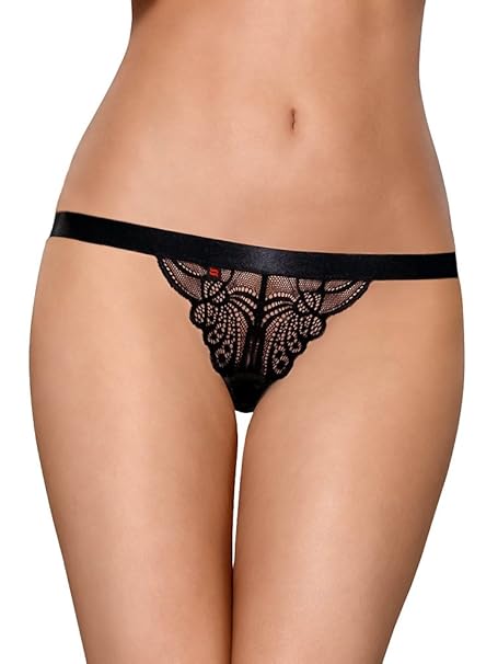 Obsessive heißer Ouvert-String aus verführerischer Spitze mit zartem Motiv, schwarz