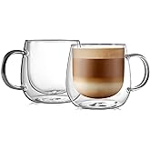 CNGLASS 16oz Double Walled Glass Coffee Mugs(2-Pack),Large Clear Coffee Cups with Handle,Glass Espresso Mugs for Latte,Cappuc