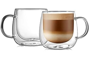 CNGLASS 16oz Double Walled Glass Coffee Mugs(2-Pack),Large Clear Coffee Cups with Handle,Glass Espresso Mugs for Latte,Cappuc