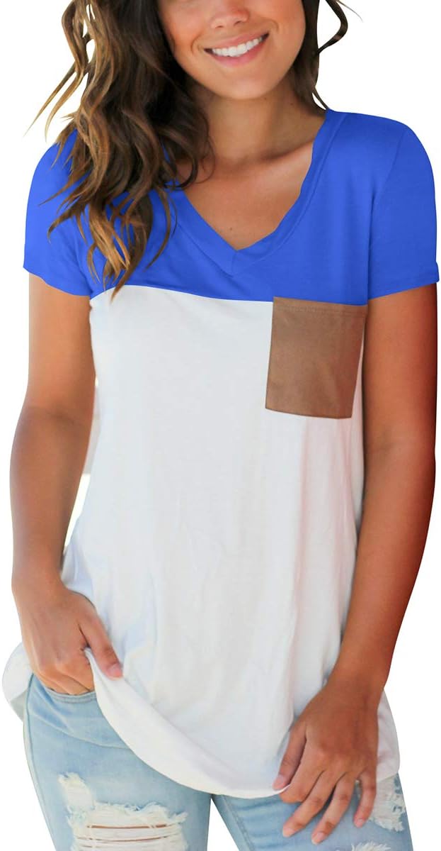 SAMPEEL Women's Basic V Neck T Shirt with Suede Pocket S-XXL