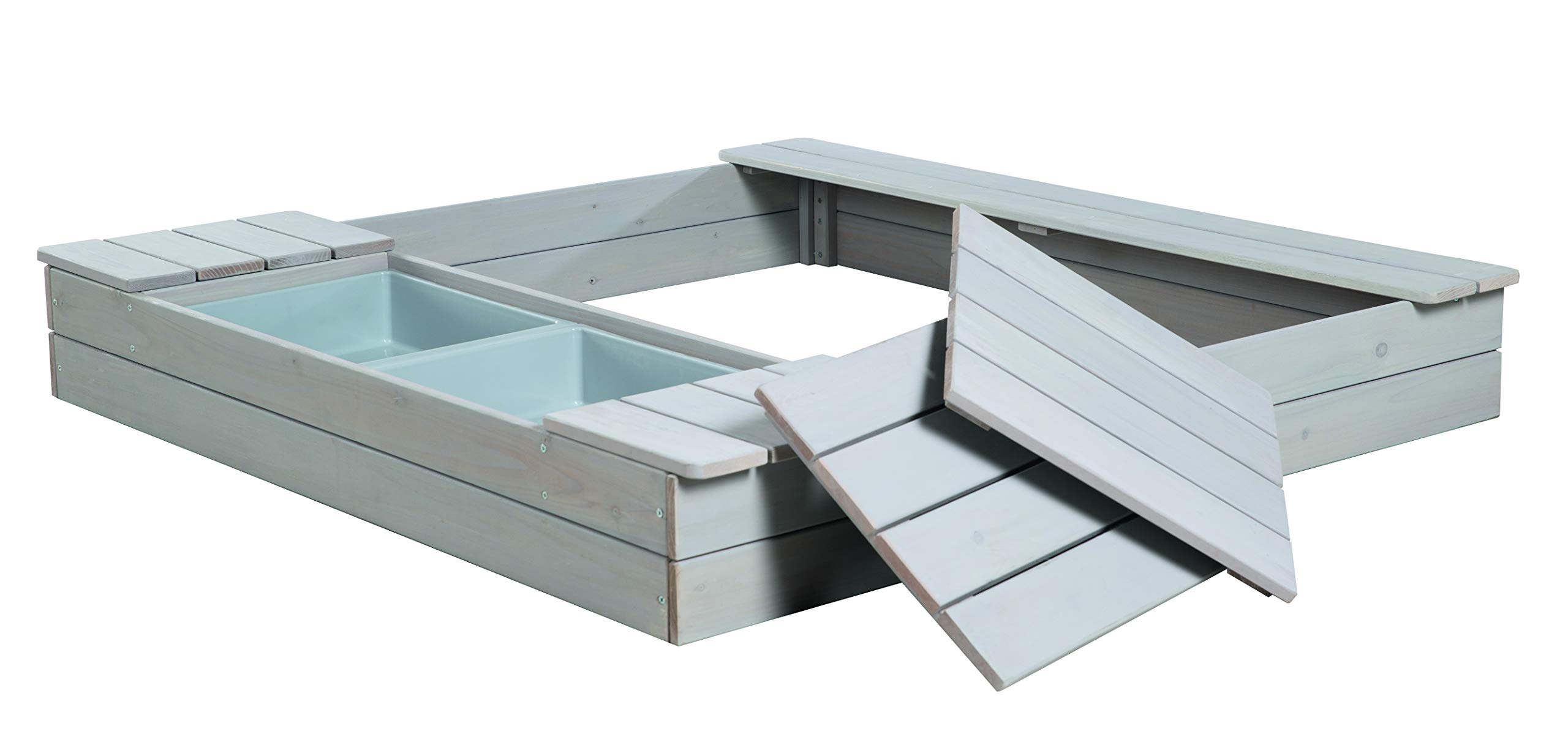 roba Outdoor Sandbox + Play Tubs - Sandbox made of weather-resistant wood - 2 plastic play tubs & 4 removable seat panels - Solid wood, grey stained